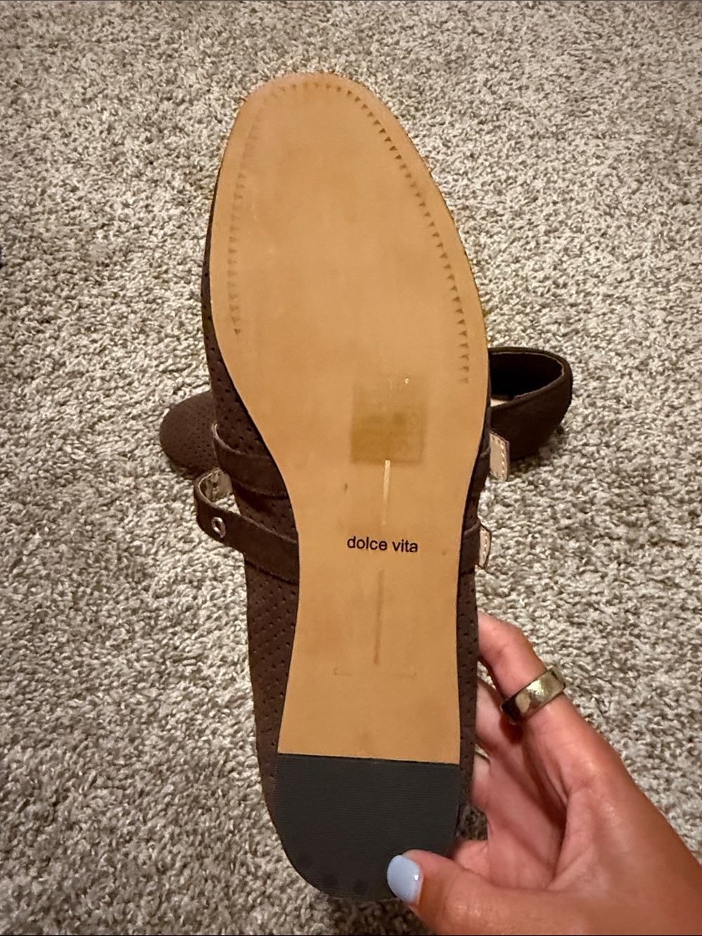 Dolce Vita Dark Brown Pointed Double Mary Jane Flats with Gold Buckles - Picture 2 of 2